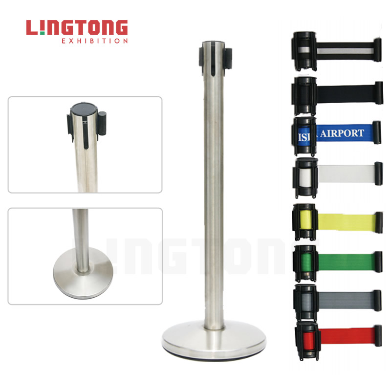 LT-Q034 Stainless Steel Crowd Control Barrier with Cassette Head (Retractable Belt) working as Line Post
